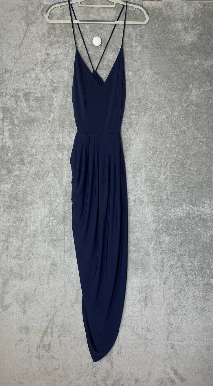 Pia Gladys Perey Formal Cocktail Dress Size 4 Navy Satin Strappy Wedding Dressy